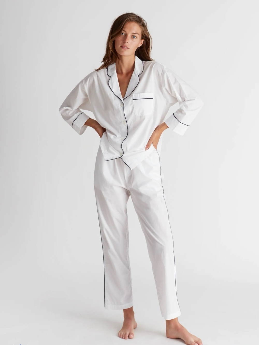 100% Cotton Sleepy Jones Marina Pajama Set Women’s XS White Navy Piping NWOT